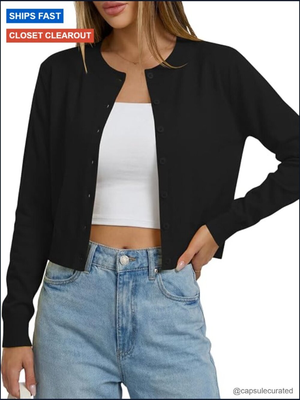 Cropped Cardigan Sweater Button Down Long Sleeve Crew Neck Knit